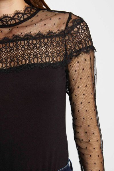 Camiseta manga larga con encaje negro mujer