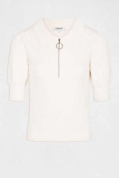 Jersey manga corta con cuello tipo polo marfil mujer