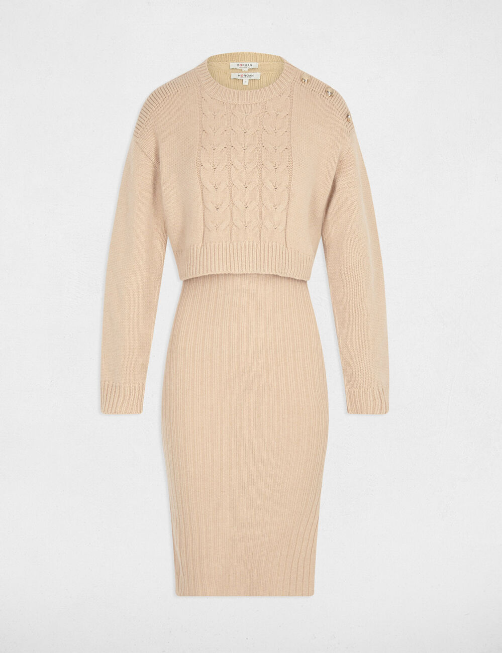 Vestido punto ajustado 2 en 1 beige mujer