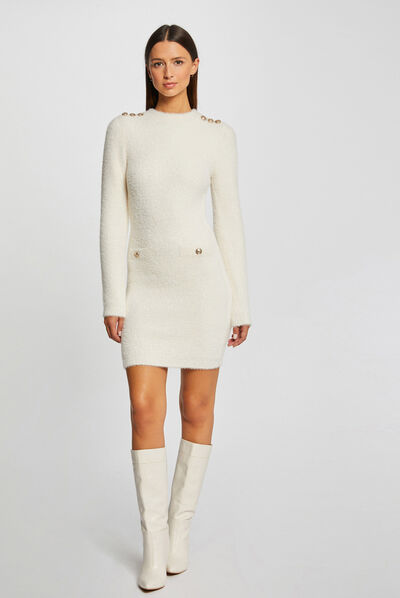 Vestido de punto ajustado aterciopelado marfil mujer