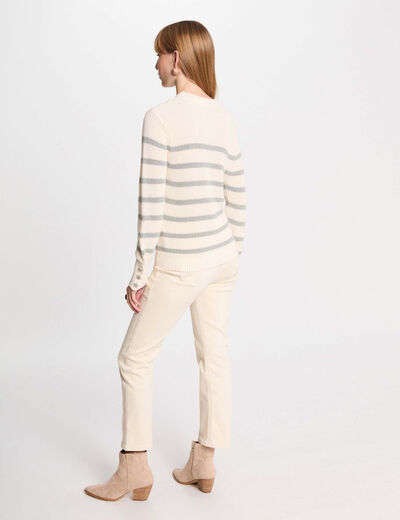 Jersey cuello redondo y rayas marfil mujer