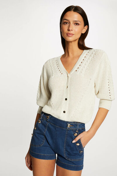 Cárdigan manga 3/4 con punto trenzado beige mujer