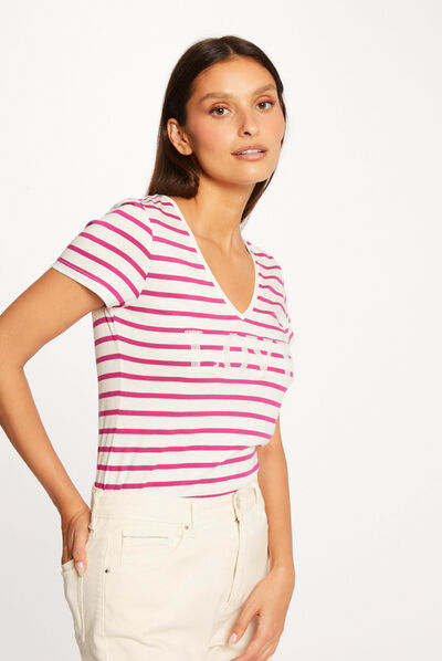 Camiseta manga corta con rayas frambuesa mujer