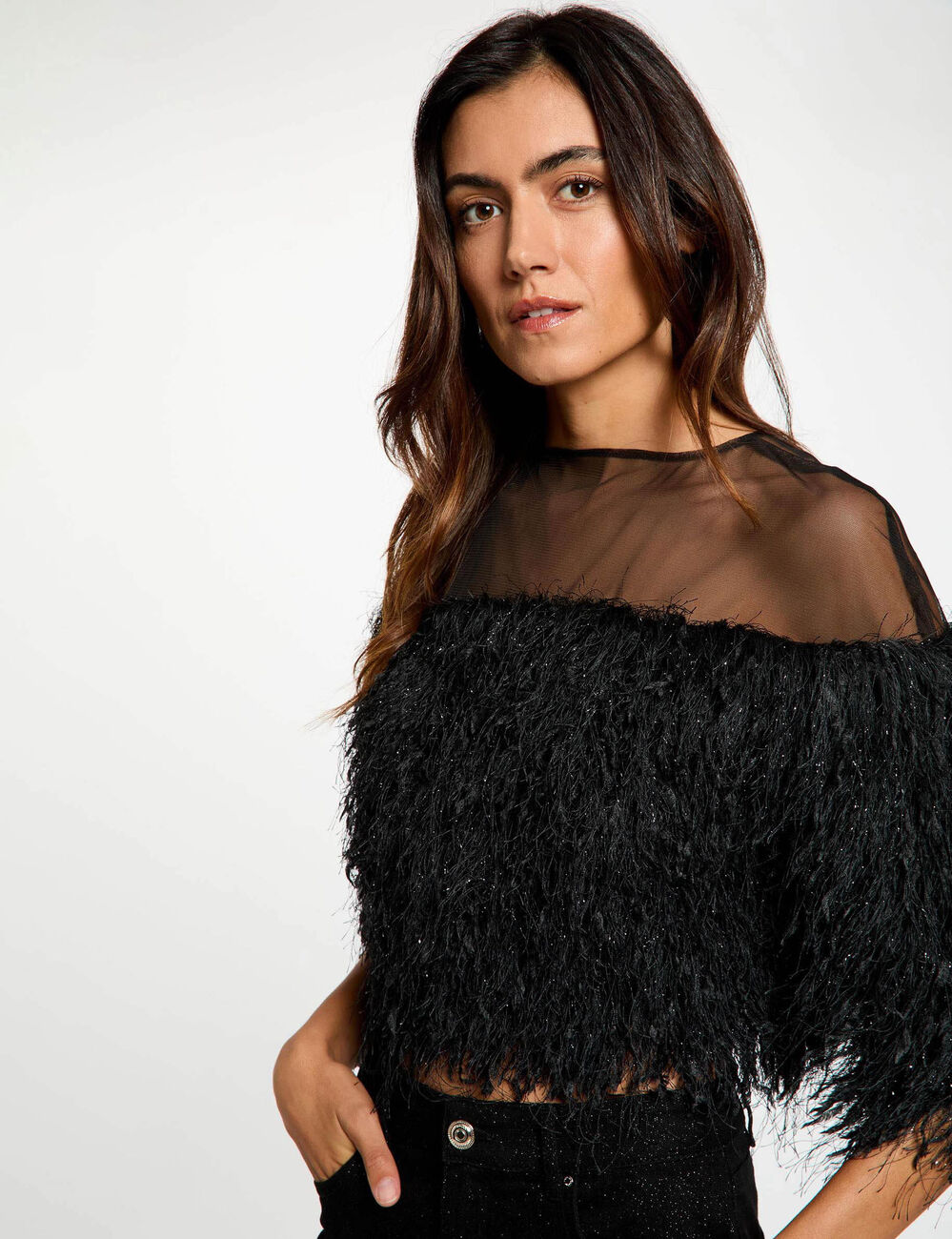 Blusa de piel sint&eacute;tica negro mujer