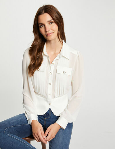 Camisa manga larga con pliegues marfil mujer