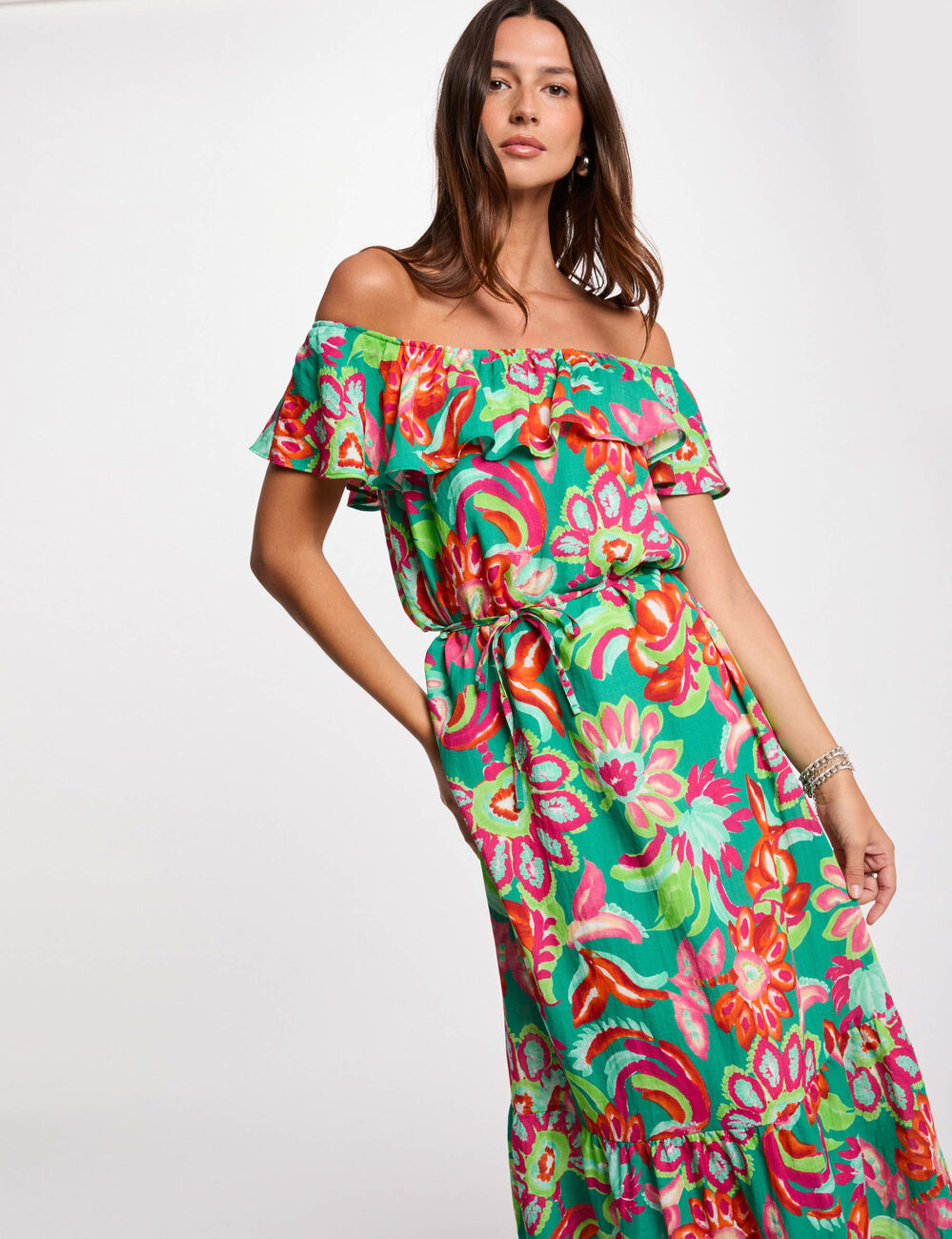 Vestido midi acampanado estampado multicolor mujer