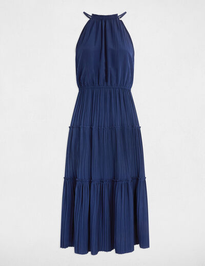 Vestido midi recto de satén azul petróleo mujer