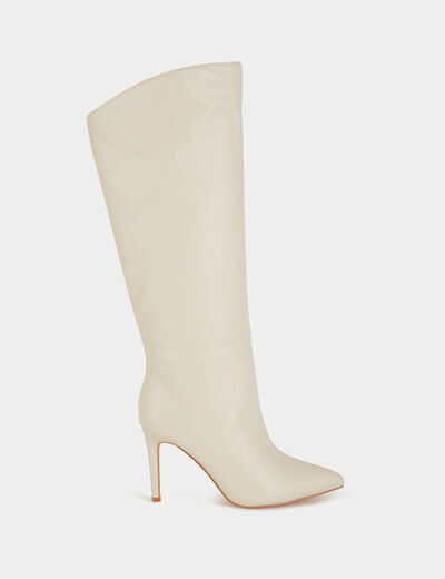 Botas de caña alta de cuero y tacones marfil mujer