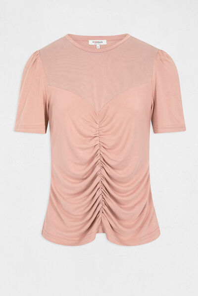 Camiseta manga corta con fruncidos rosa pastel mujer