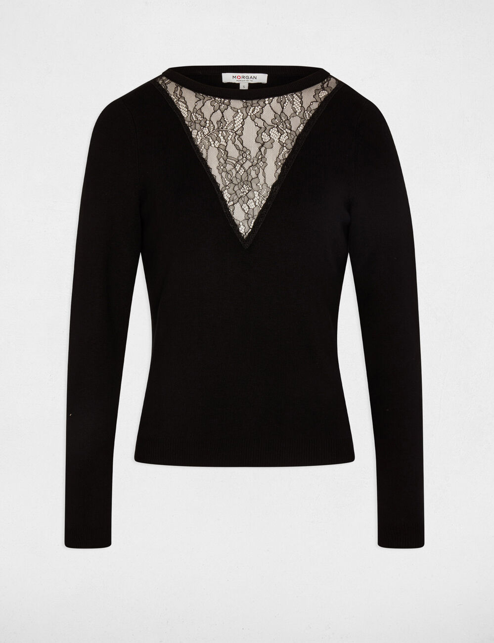 Jersey cuello redondo encaje negro mujer