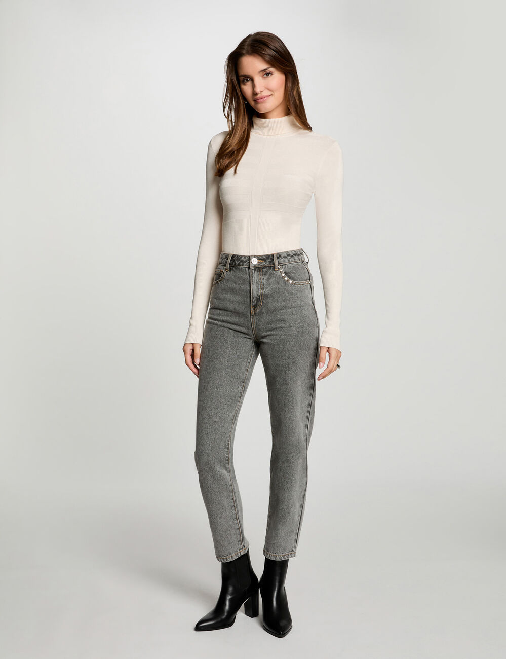 Jersey de cuello alto ajustado marfil mujer