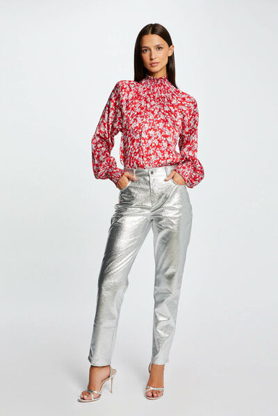 Pantalón recto cuero sintético plateado mujer