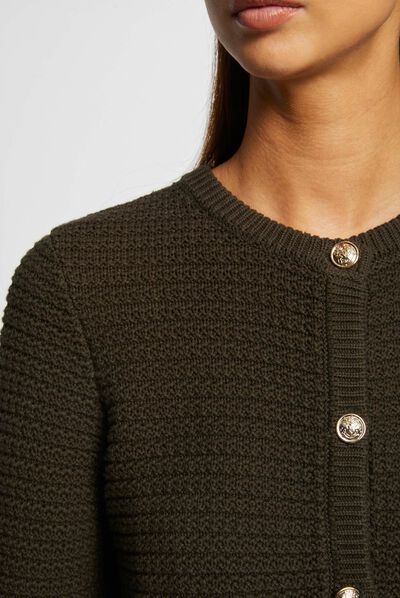 Cárdigan corto abotonado cuello redondo verde oscuro mujer