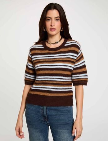 Jersey de rayas con mangas cortas marr&oacute;n mujer