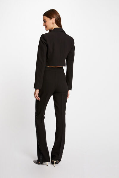 Pantalón de esmoquin flare bandas satén negro mujer