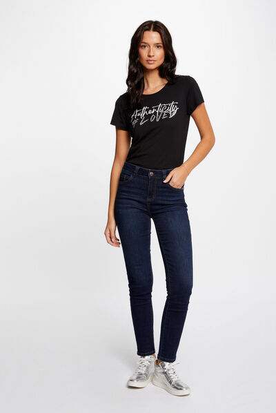 Camiseta de manga corta con mensaje negro mujer