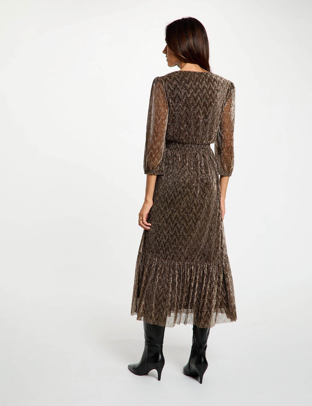 Vestido largo plisado color bronce mujer