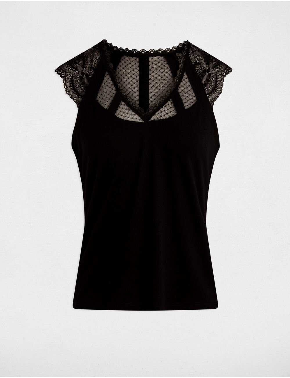 Camiseta de encaje con cuello en v negro mujer