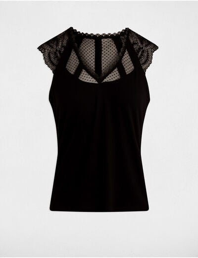 Camiseta de encaje con cuello en v negro mujer