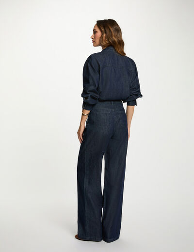Pantal&oacute;n ancho de tiro alto denim crudo mujer