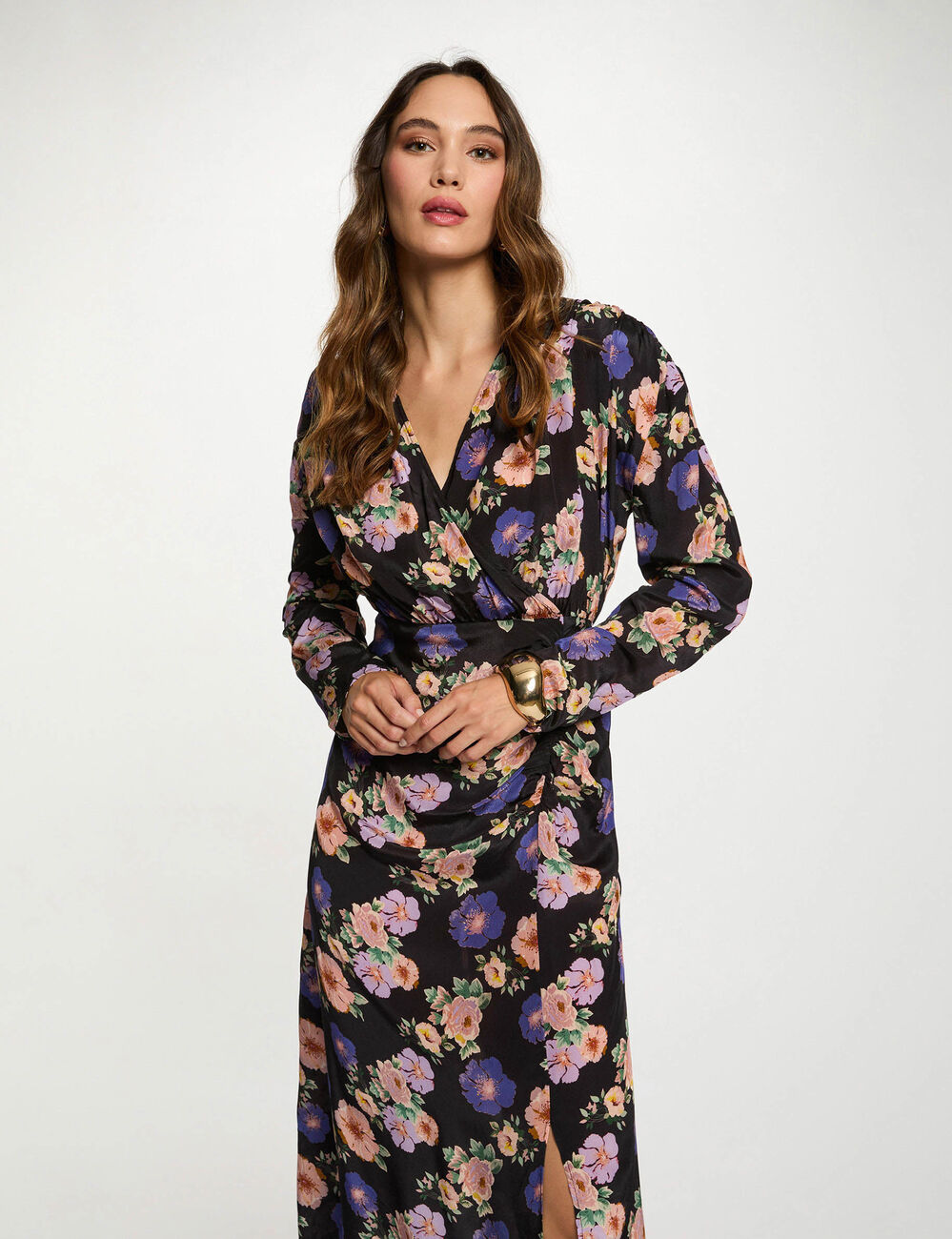 Vestido largo satinado multicolor mujer