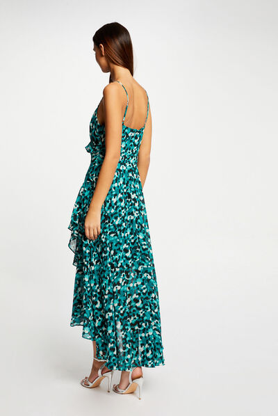 Vestido largo acampanado estampado verde mujer