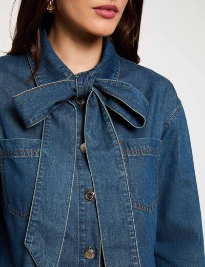 Camisa vaquera con lazada denim stone mujer