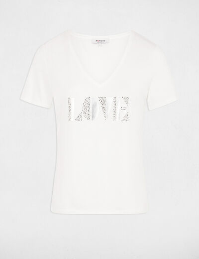 Camiseta con mensaje marfil mujer