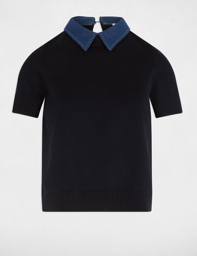 Jersey corto con cuello de camisa azul marino mujer