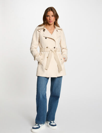 Gabardina con cuero sintético marfil mujer
