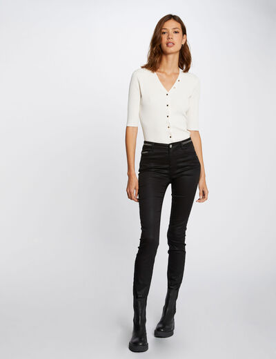 Pantalón slim efecto mojado negro mujer