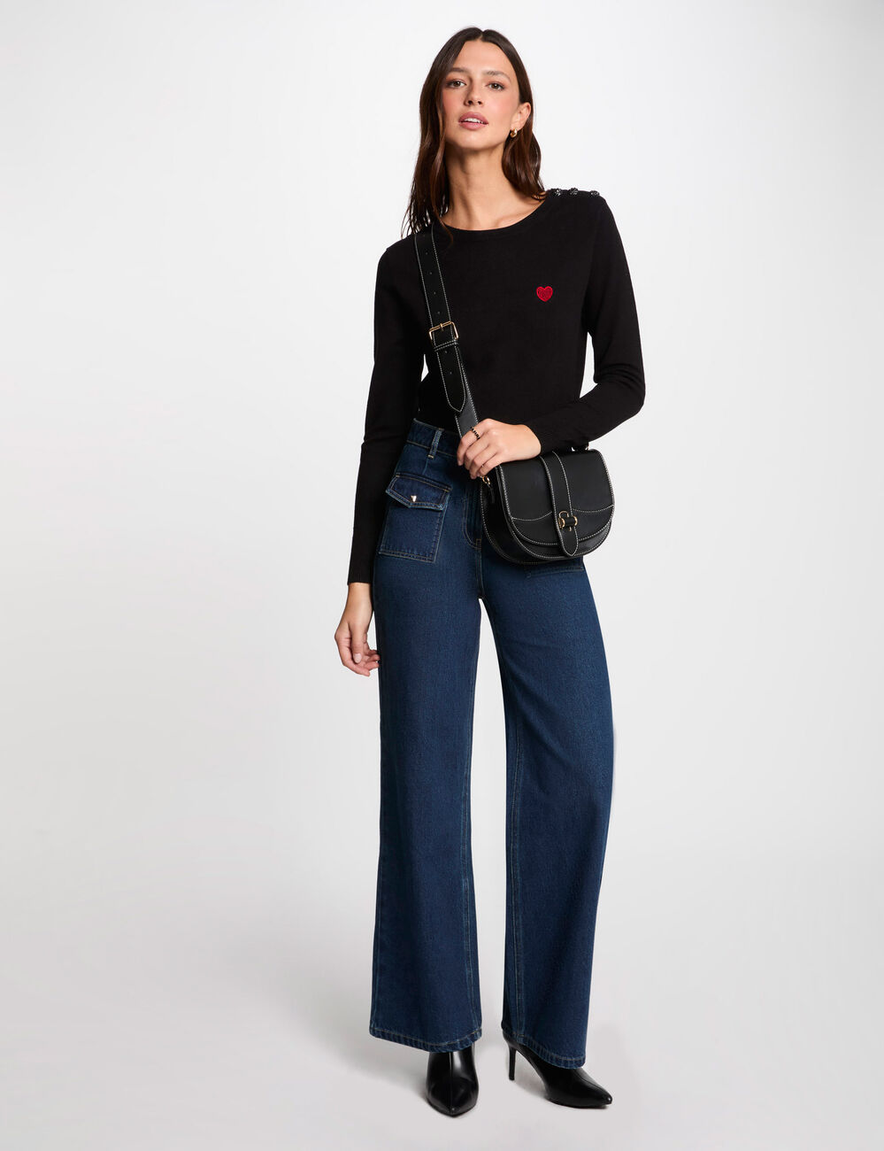 Jersey cuello redondo botones negro mujer