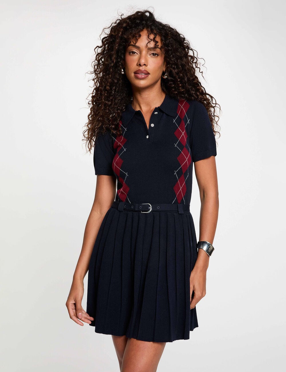 Vestido de punto con cuello vuelto azul marino mujer