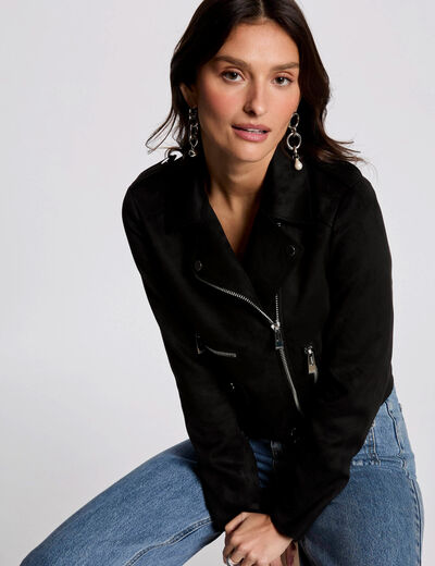 Chaqueta corta antelina negro mujer