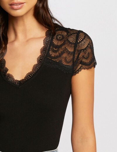 Jersey manga corta encaje negro mujer