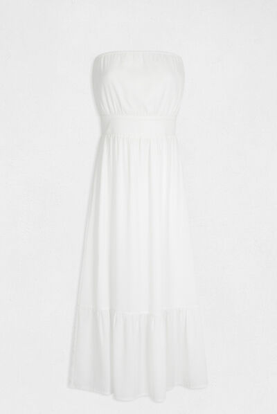 Vestido largo entallado escote corpiño crudo mujer