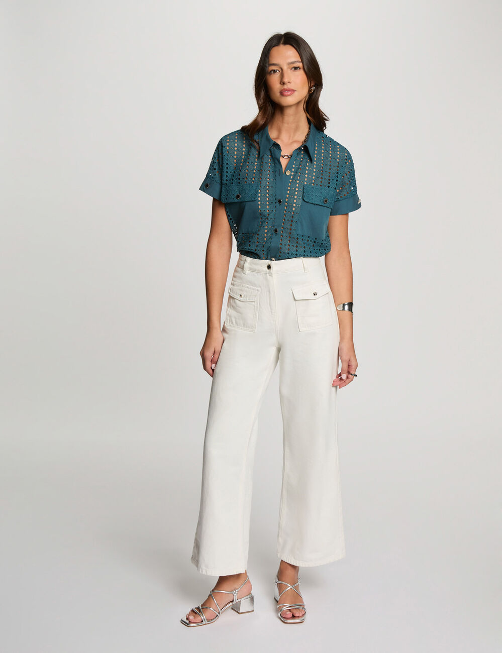 Camisa manga corta azul petróleo mujer