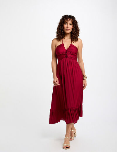 Vestido midi recto de satén rojo oscuro mujer