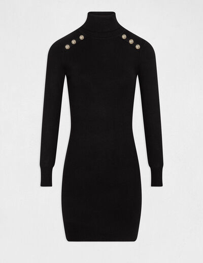 Vestido de punto ajustado cuello tortuga negro mujer