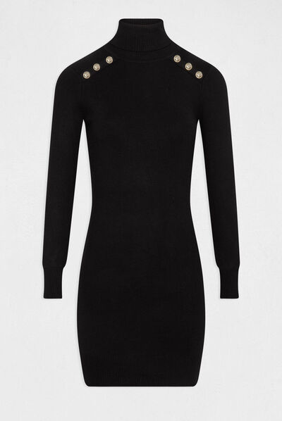 Vestido de punto ajustado cuello tortuga negro mujer