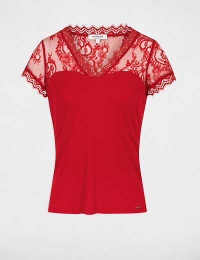 Camiseta manga corta con encaje rojo mujer