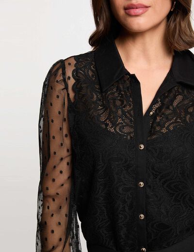 Camiseta de encaje manga larga negro mujer