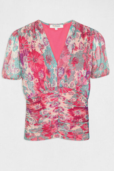 Camiseta manga corta estampado floral rosa mujer