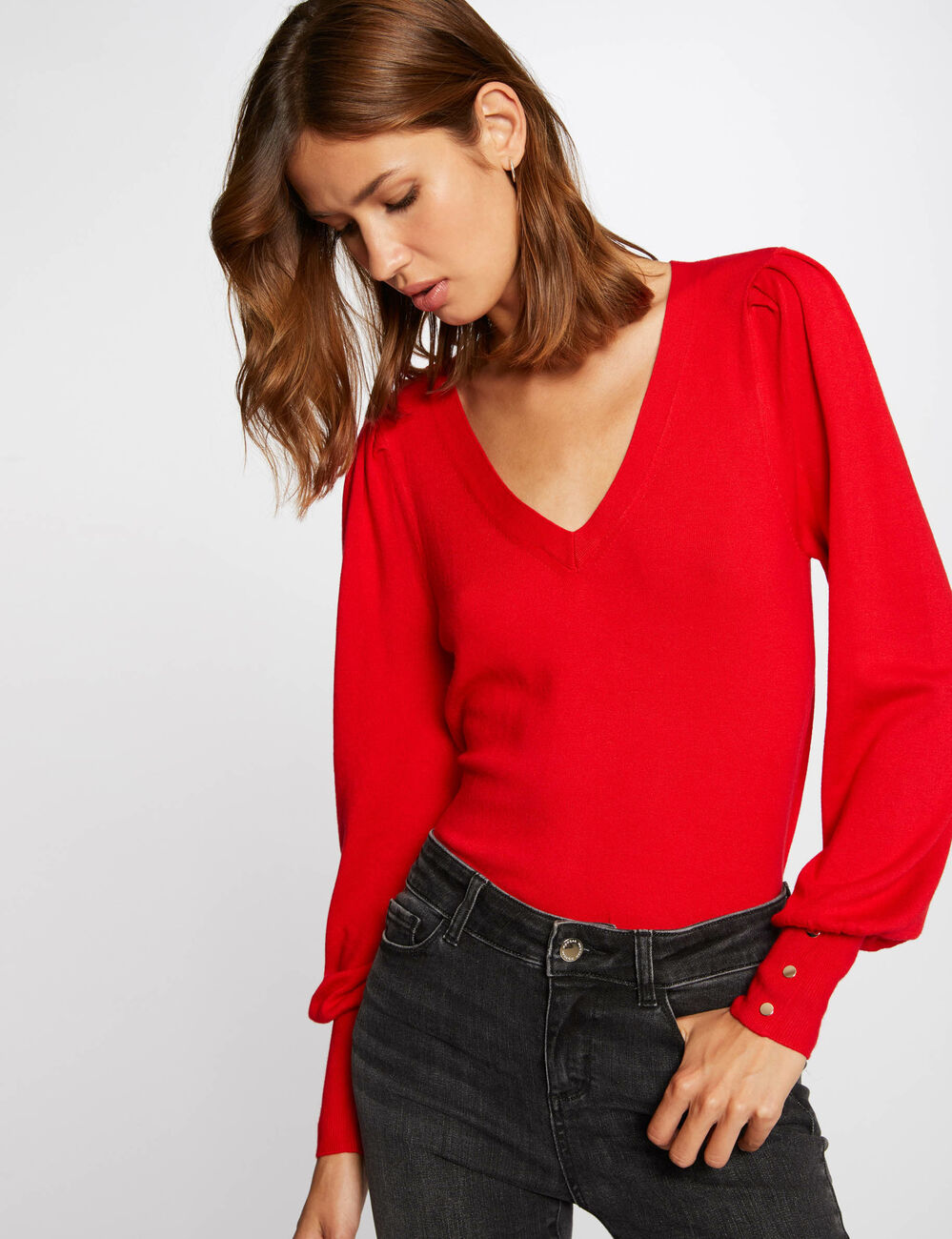Jersey manga larga con escote en V rojo mujer