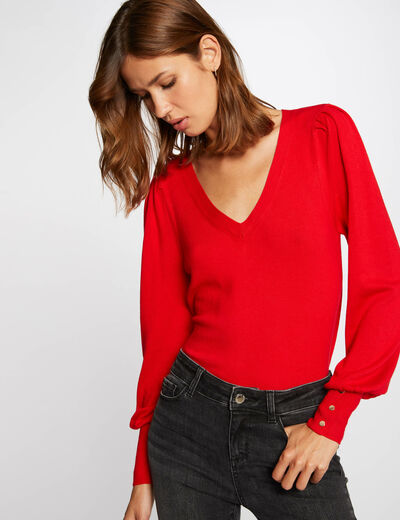 Jersey manga larga con escote en V rojo mujer