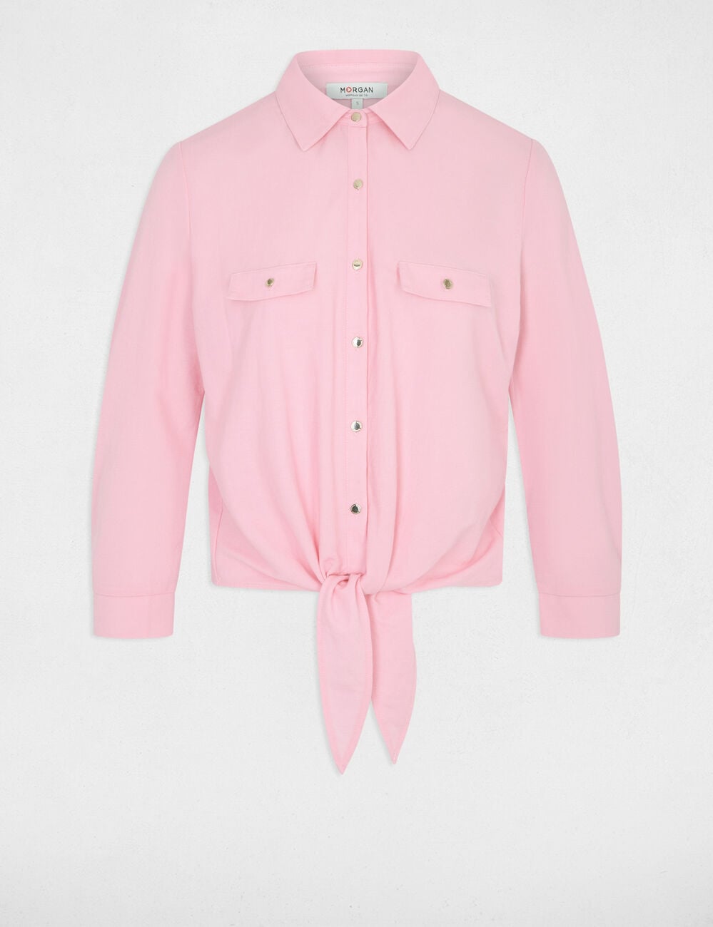 Camisa anudada con cuello abierto rosa pastel mujer