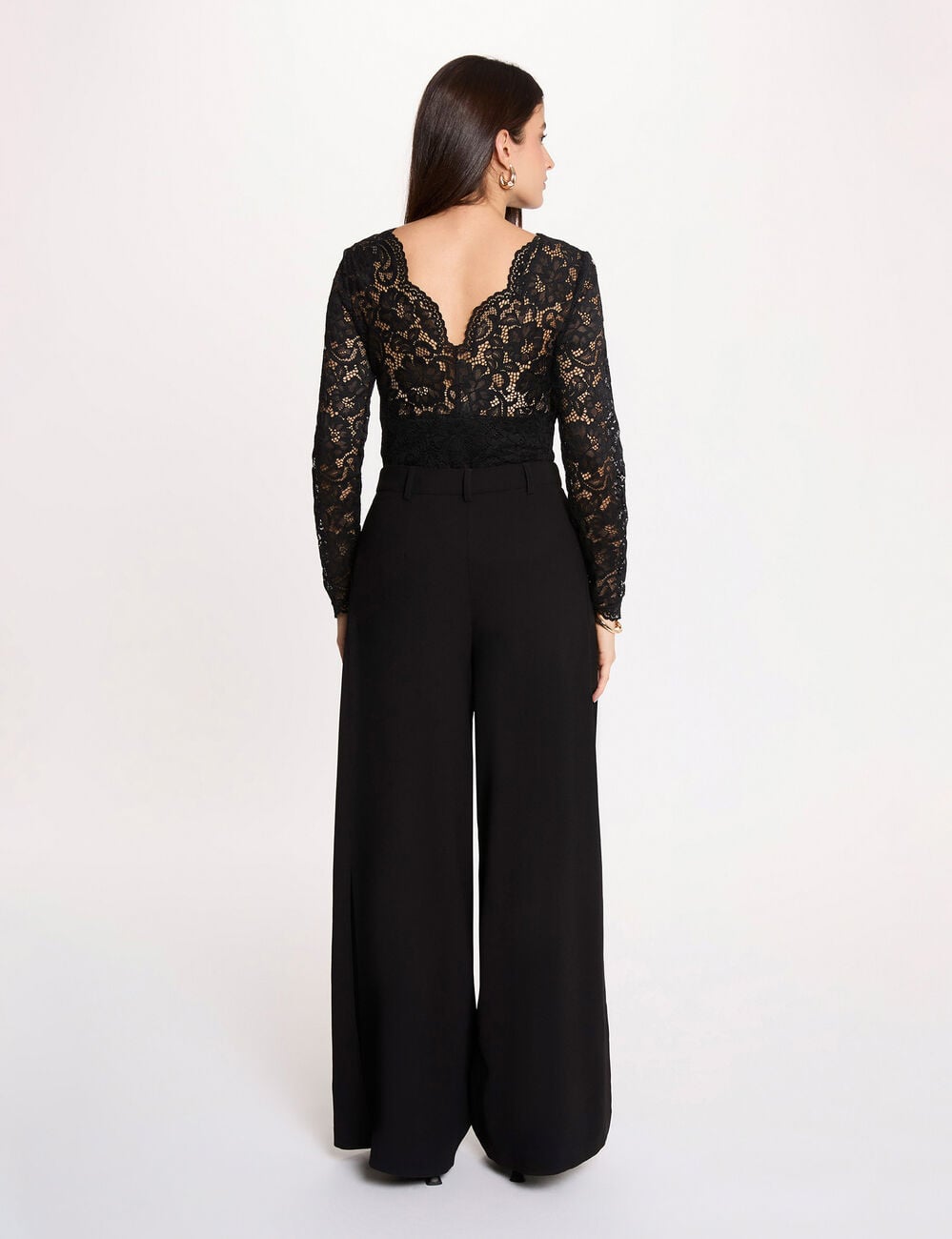 Body de encaje con cuello en v negro mujer