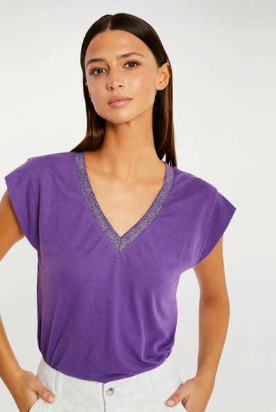 Camiseta manga corta con escote en V morado oscuro mujer