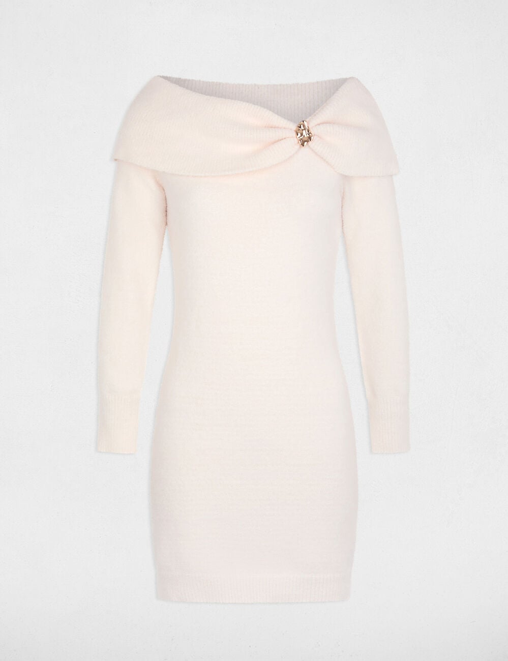 Vestido de punto con cuello bardot marfil mujer