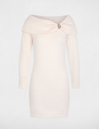 Vestido de punto con cuello bardot marfil mujer